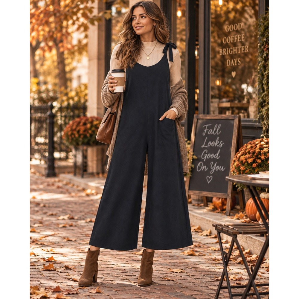 Women Black Wide Leg Jumpsuit Tie Strap Pockets Coastal Minimalist Relaxed